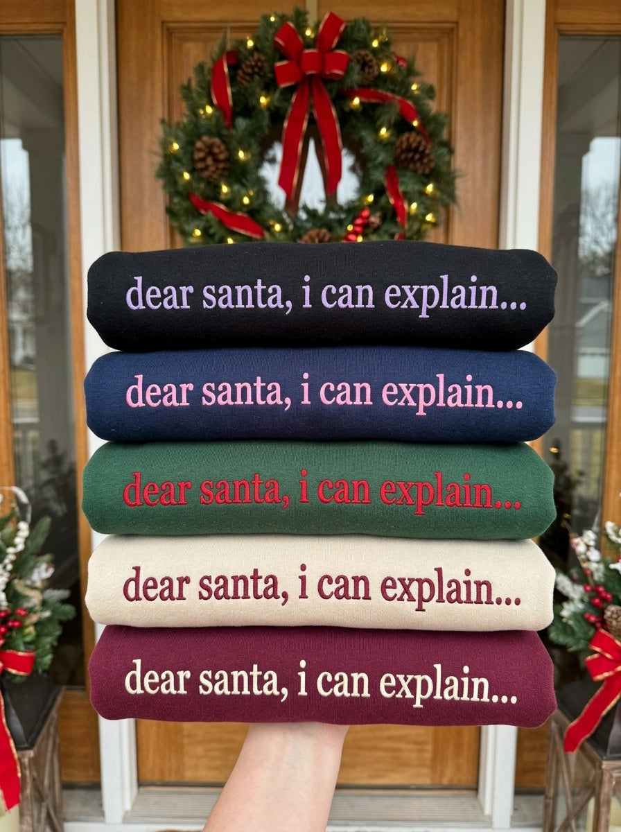 Funny Christmas Sweatshirt, Dear Santa I Can Explain, Embroidered Hoodie, Cozy Holiday Crewneck, Festive Gifts