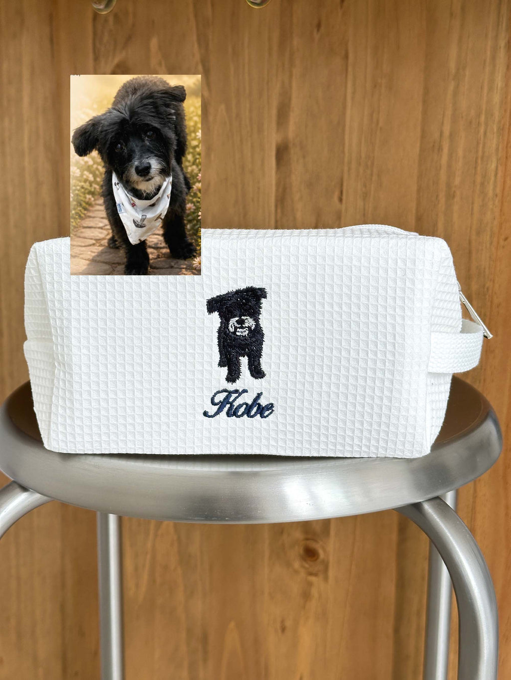 Custom Dog Makeup Bag, Personalized Pet Waffle Makeup Pouch, Embroidered Dog Mom Gifts
