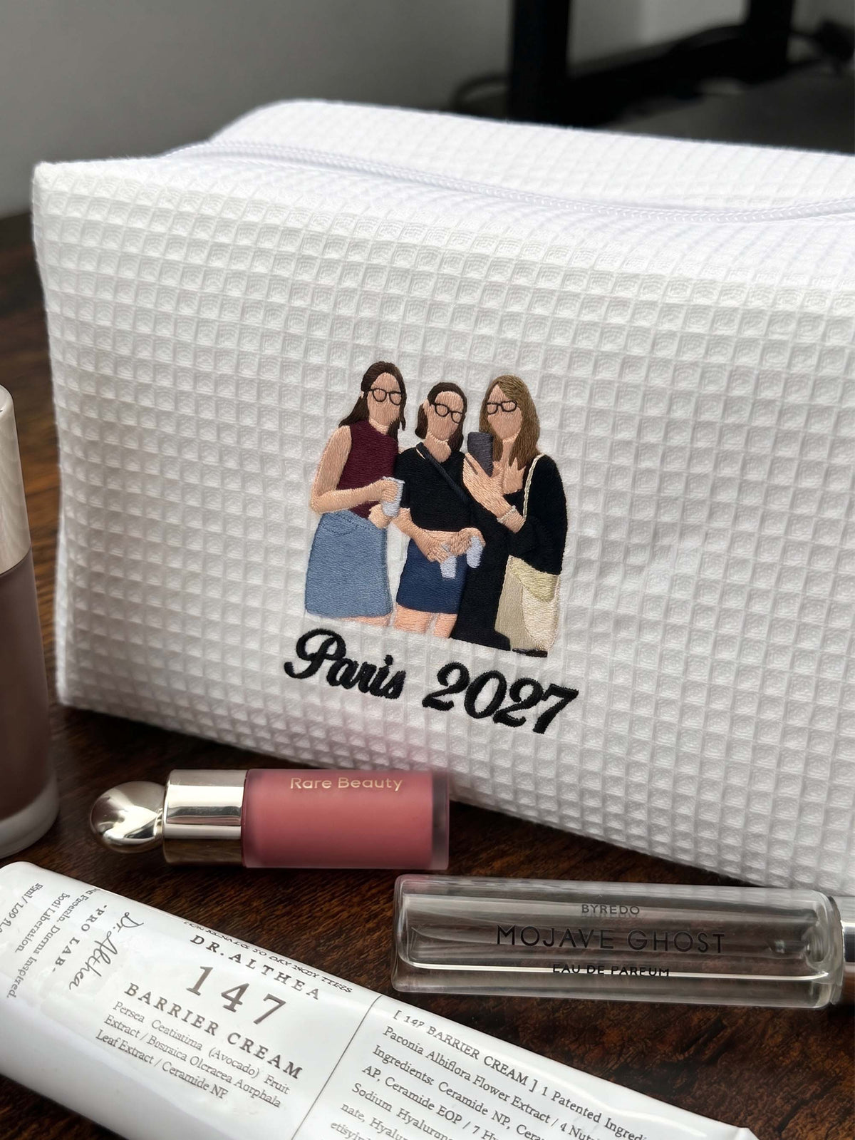 Custom Makeup Bag with Photo or Logo, Embroidered Waffle Cosmetic Pouch, Personalized Gifts for Her