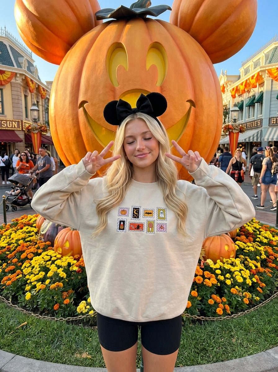 Halloween Stamps Shirt, Halloween Sweatshirt, Embroidered Hoodie, Spooky Season, Fall Style Clothing Gift