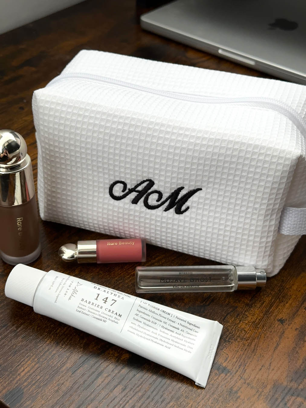 Cosmetic bag with embroidered initials