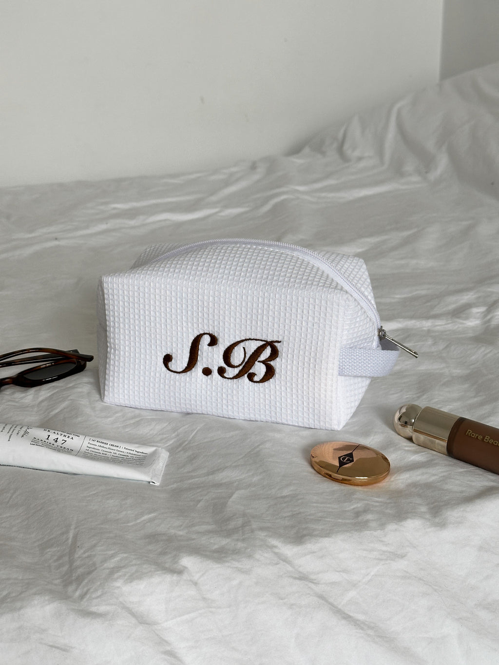 Custom Embroidered Makeup Bag | Personalized Waffle Cosmetic Bag – Toiletry Pouch, Bridesmaid Gift, Travel Bag, Gift for Her
