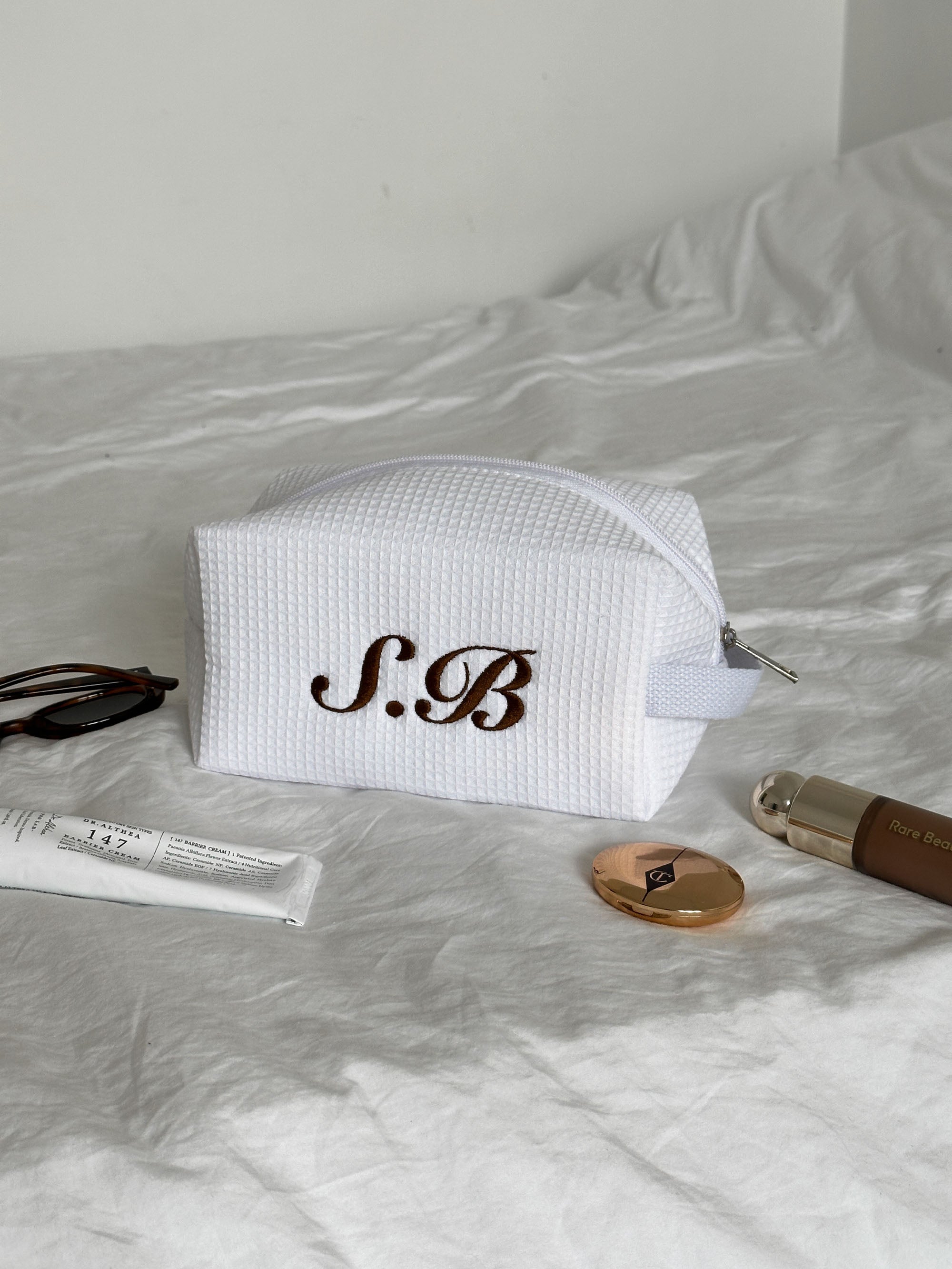 Custom Embroidered Makeup Bag | Personalized Waffle Cosmetic Bag – Toiletry Pouch, Bridesmaid Gift, Travel Bag, Gift for Her