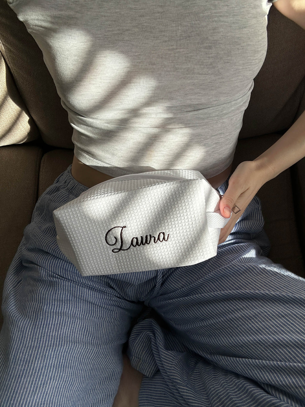 Personalized Makeup Bag – Bridesmaid bags, Minimalist Cosmetic Bag, Waffle Toiletry Pouch, Wedding bridesmaid gifts, Bride Bag