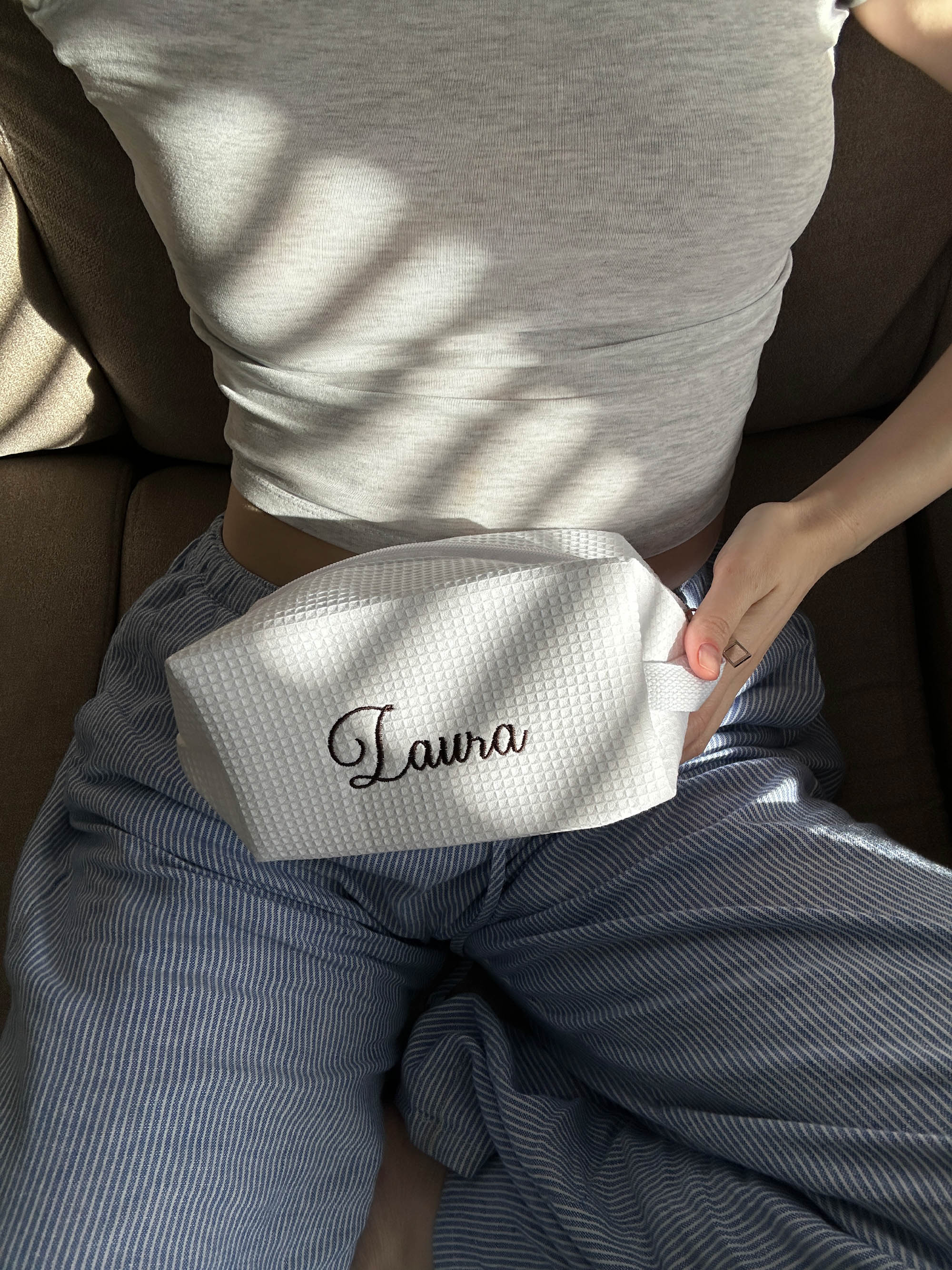 Personalized Makeup Bag – Bridesmaid bags, Minimalist Cosmetic Bag, Waffle Toiletry Pouch, Wedding bridesmaid gifts, Bride Bag