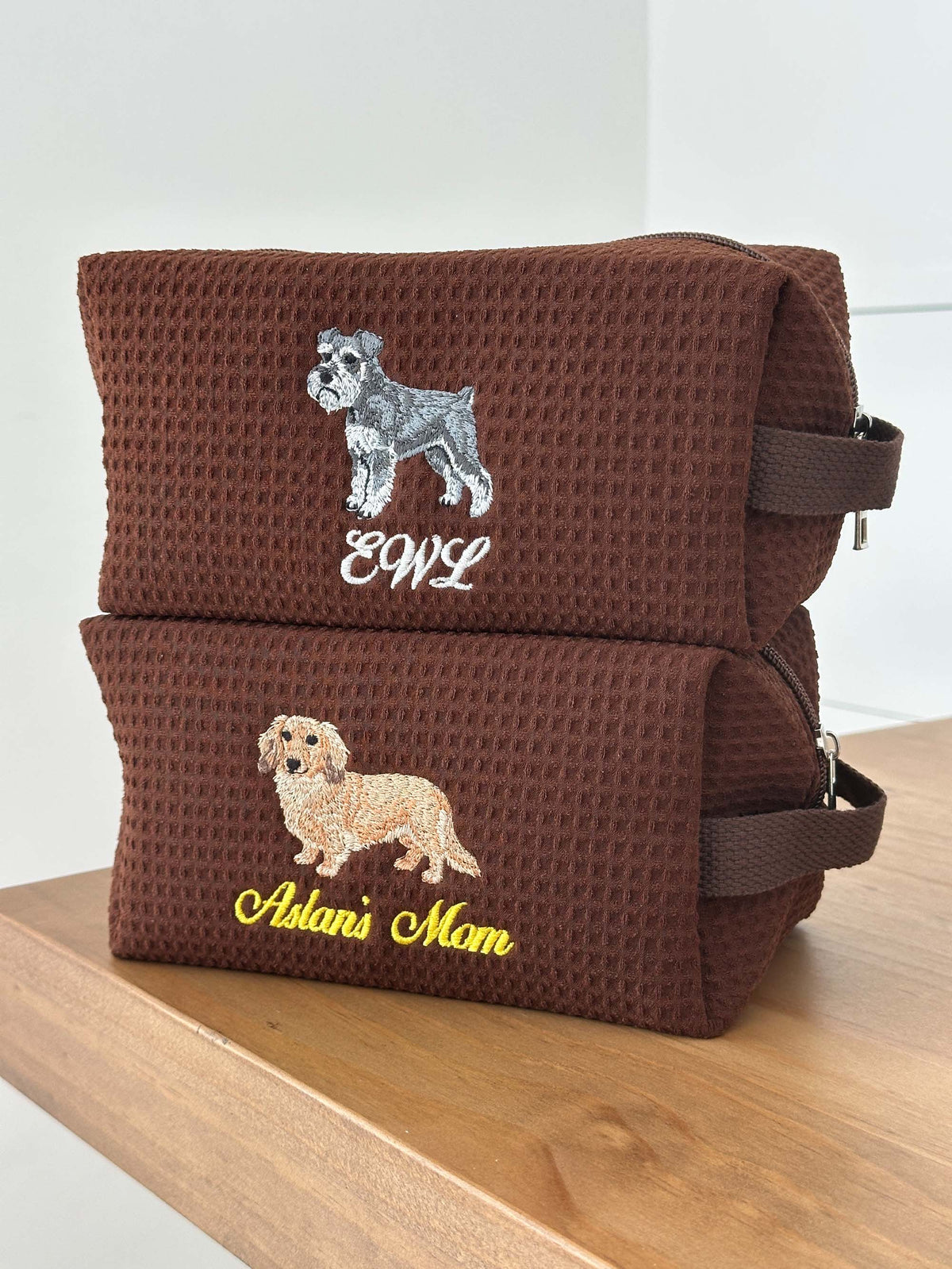 Personalized Dog Mom Waffle Pouch, Customized 36 Dog Breeds, Custom Embroidered Dog Makeup Bag