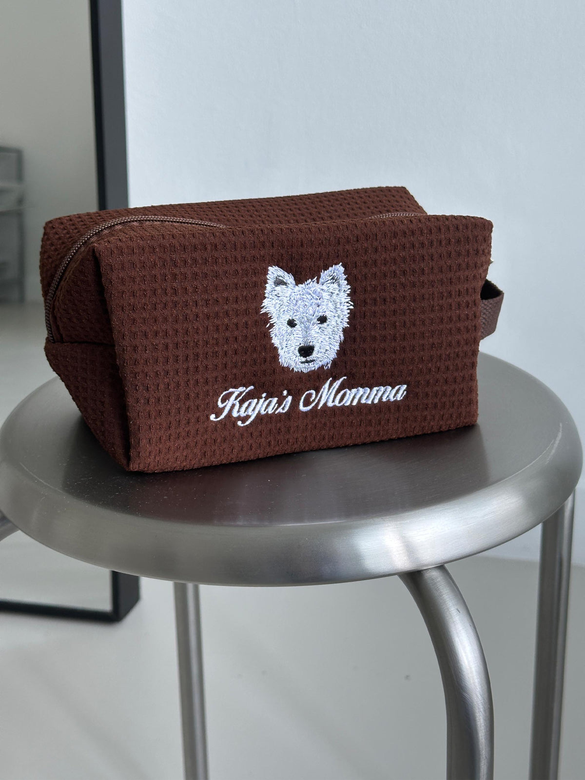 Custom Dog Makeup Bag, Personalized Pet Waffle Makeup Pouch, Embroidered Dog Mom Gifts