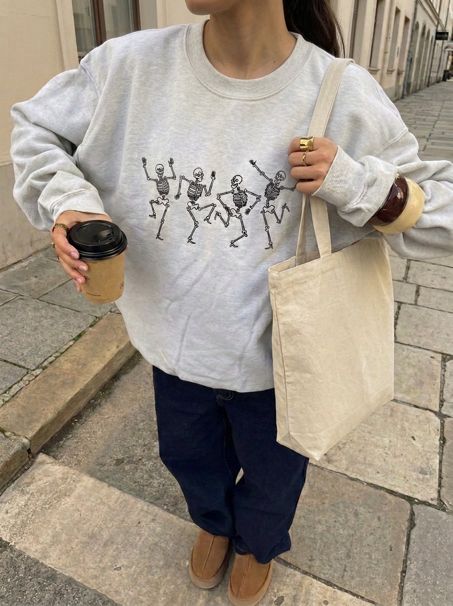 Dancing Skeleton Shirt, Halloween Sweatshirt, Embroidered Hoodie Spooky Season, Fall Style Clothing Gift