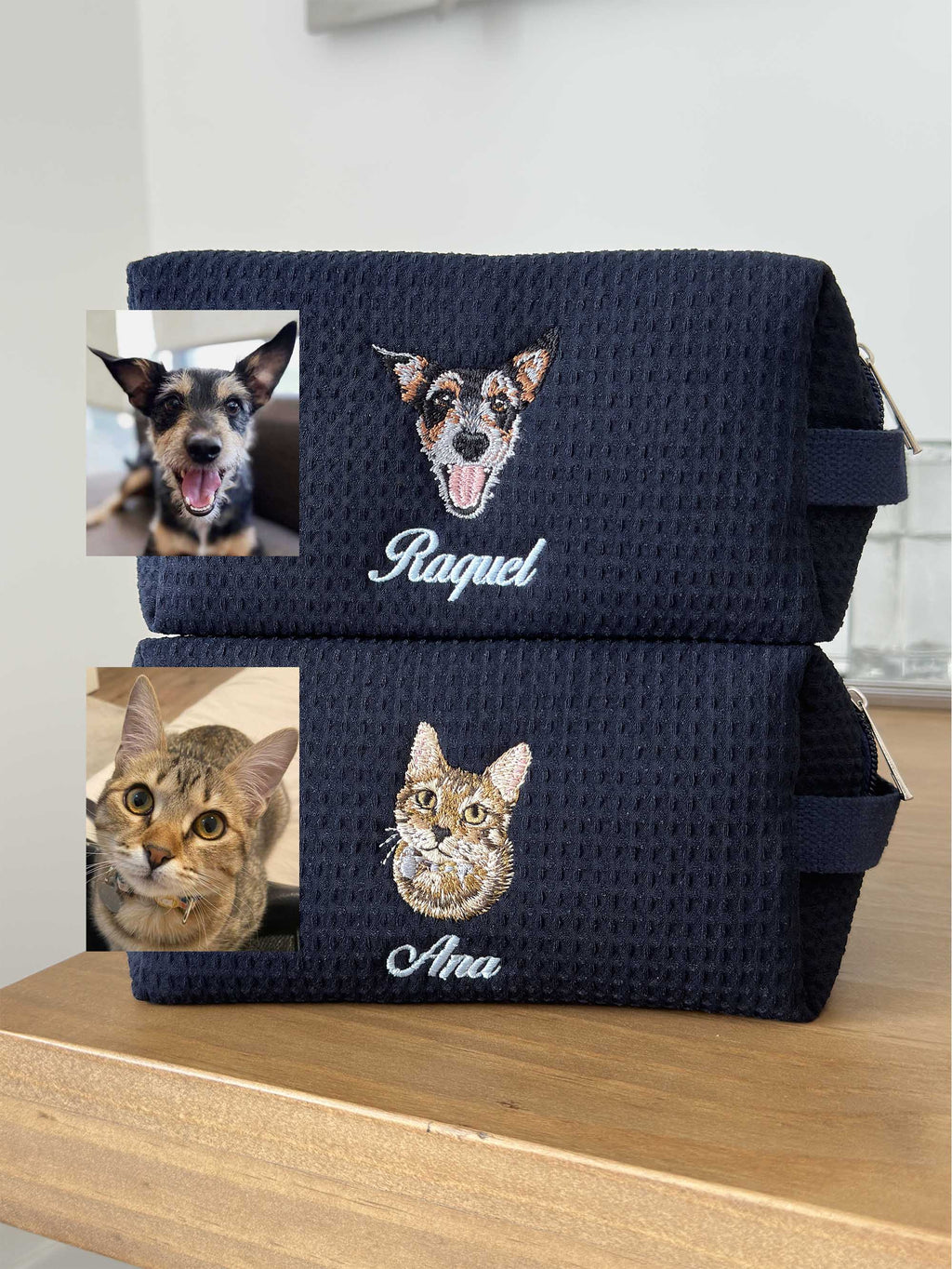 Custom Dog Makeup Bag, Personalized Pet Waffle Makeup Pouch, Embroidered Dog Mom Gifts