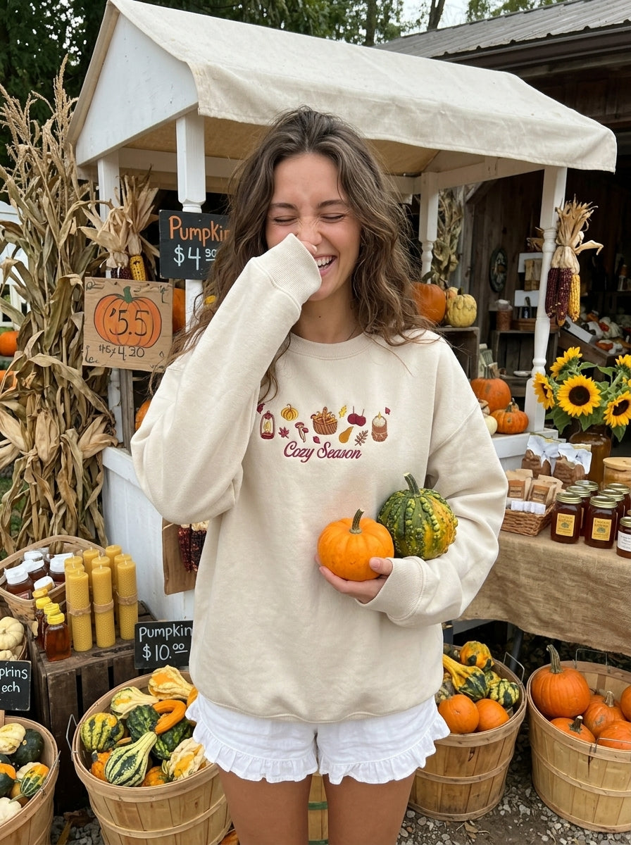 Cozy Season Shirt, Fall Sweatshirt, Autumn Sweater, Fall Style Embroidered Hoodie, Cottagecore Womens Clothing Gift