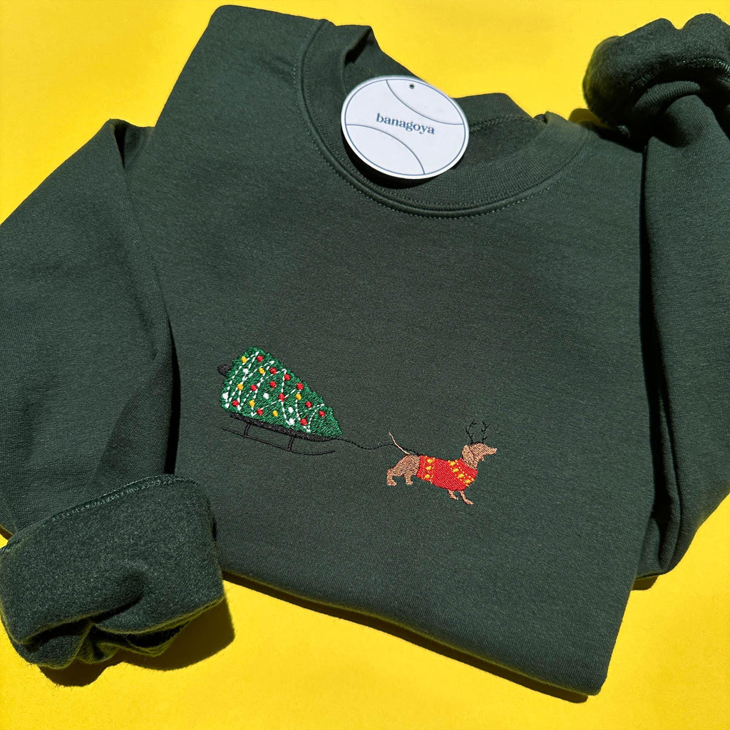 Dachshund and Christmas tree embroidery design