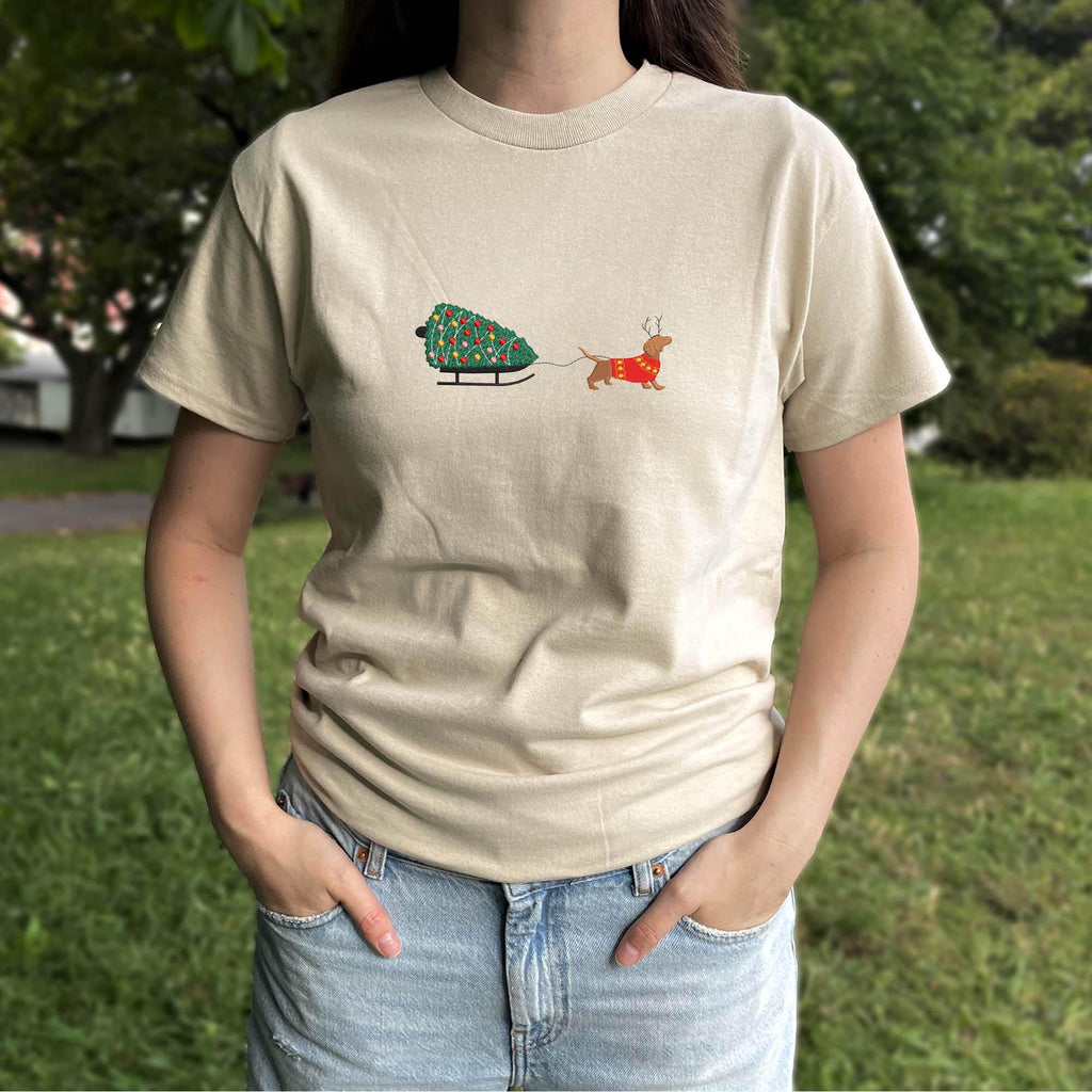 Dachshund and Christmas tree embroidery design