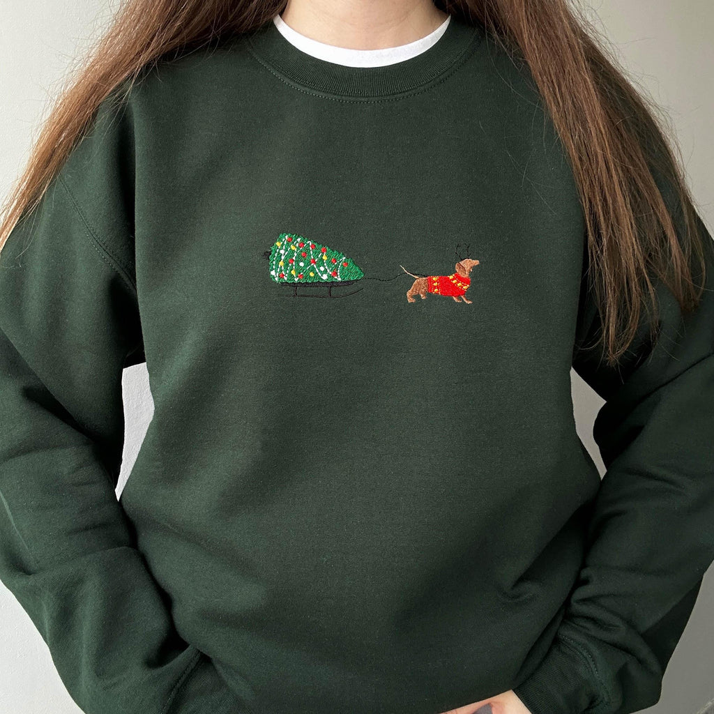 Dachshund and Christmas tree embroidery design