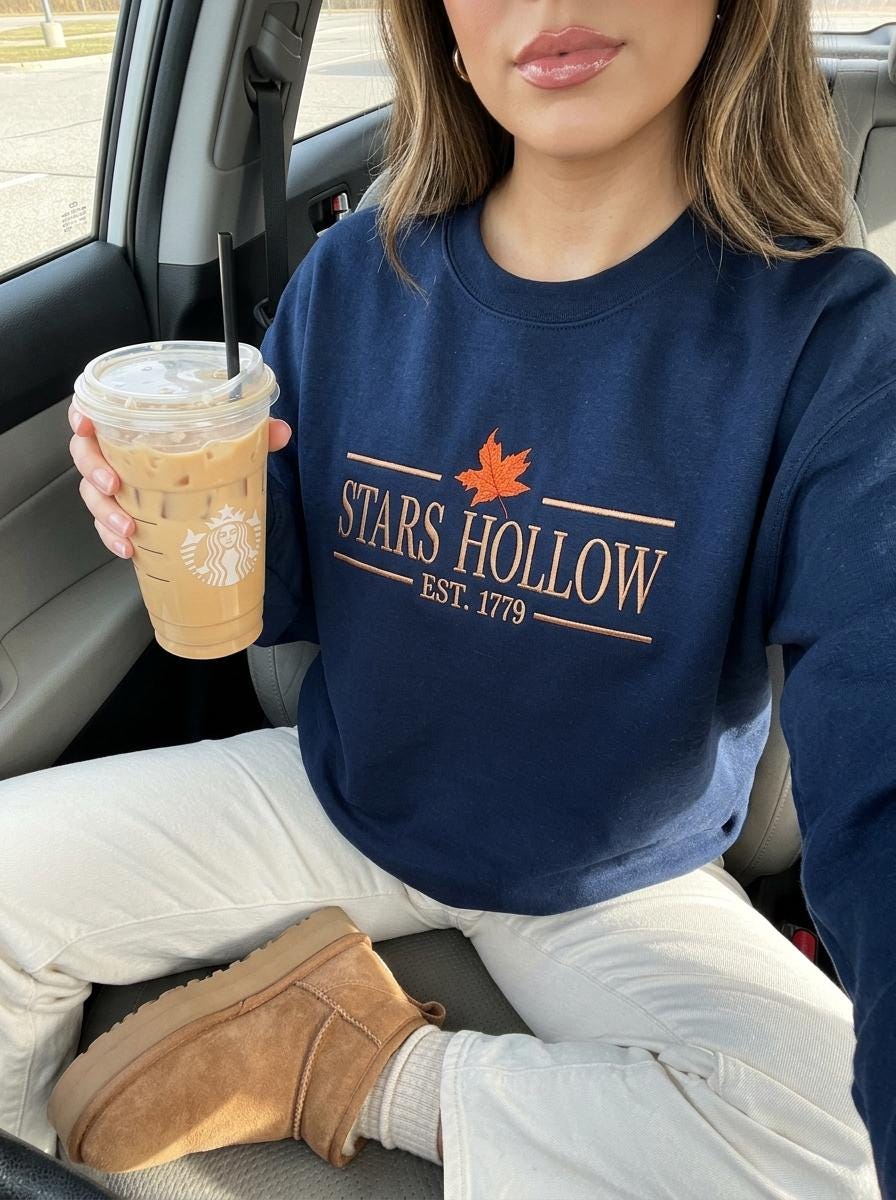 Embroidered Fall Sweatshirt, Autumn Sweater Stars Hollow, Cozy Season Shirt, Grandpacore Fall Style Hoodie, Womens Clothing Gift