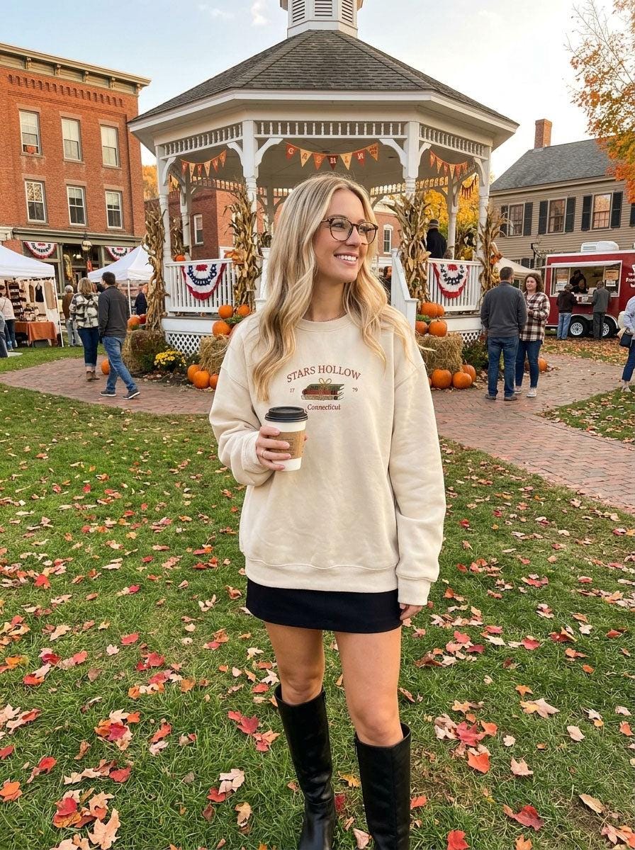 Embroidered Fall Sweatshirt, Autumn Sweater Stars Hollow, Cozy Season Shirt, Bookish Fall Style Hoodie, Womens Clothing Gift