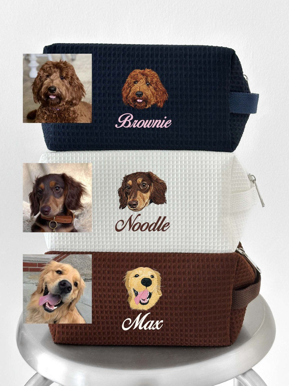 Custom Dog Makeup Bag, Personalized Pet Waffle Makeup Pouch, Embroidered Dog Mom Gifts